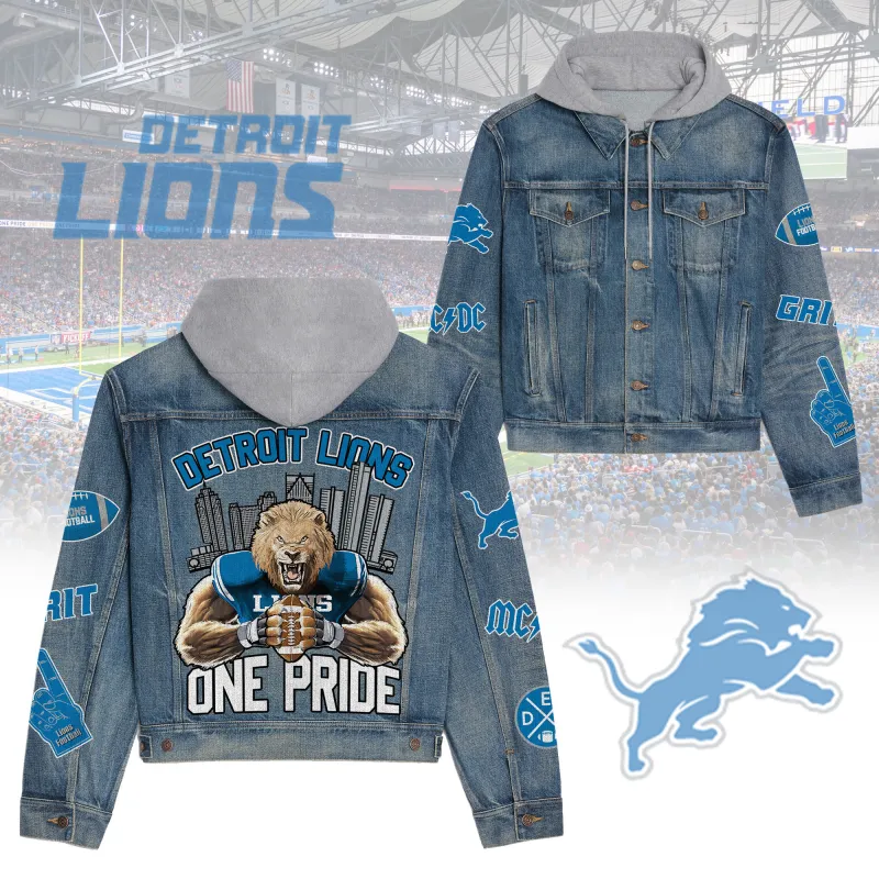 Detroit Lions Premium Hooded Denim Jacket Front View