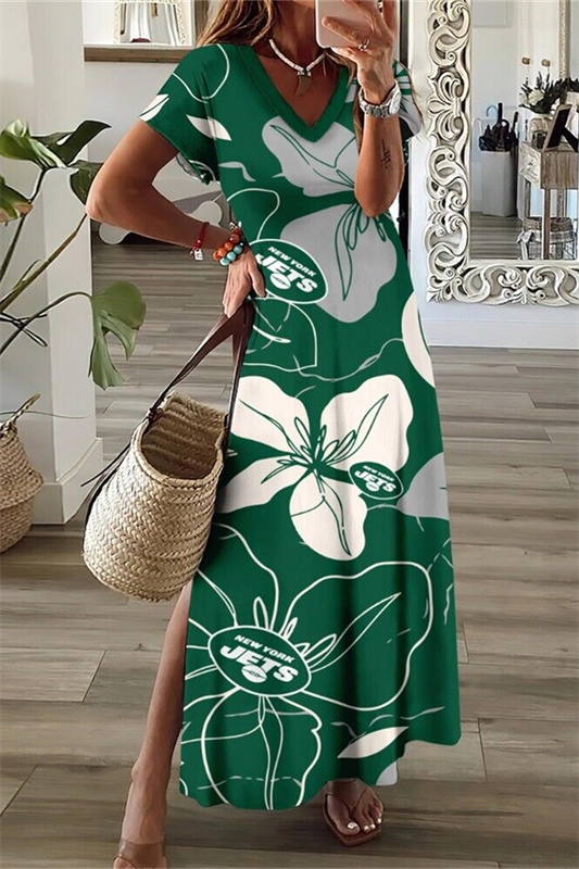 New York Jets V-Neck Side Slit Long Dress