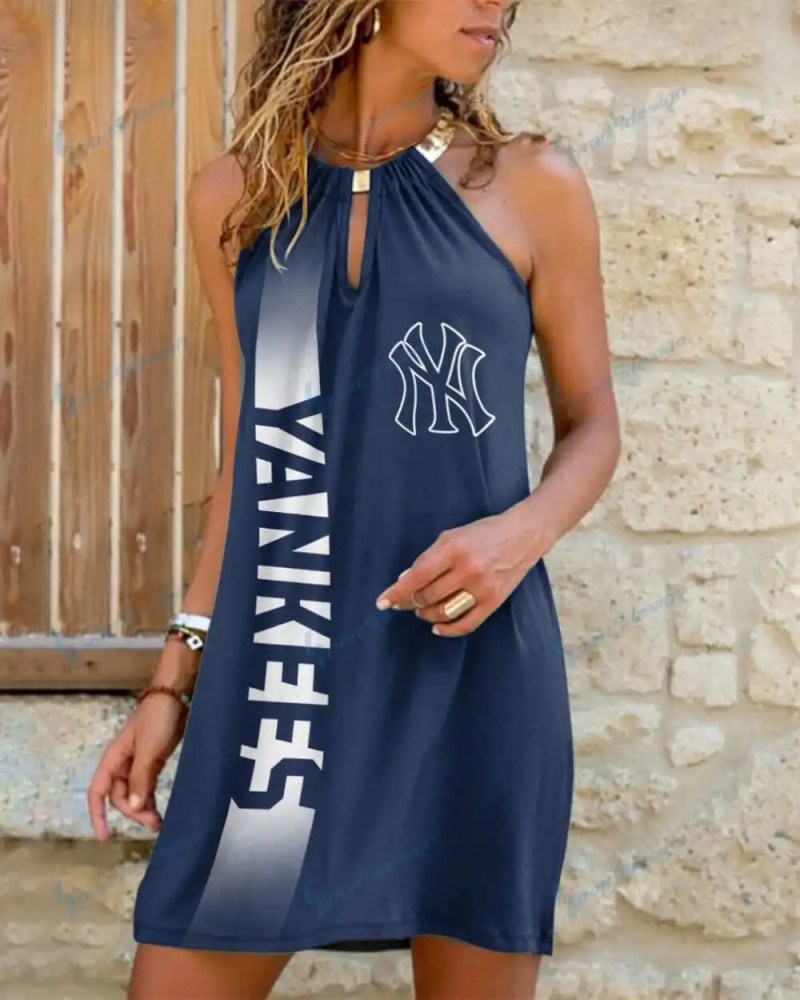 New York Yankees Summer Casual Metal Halter Neck Sleeveless Dress