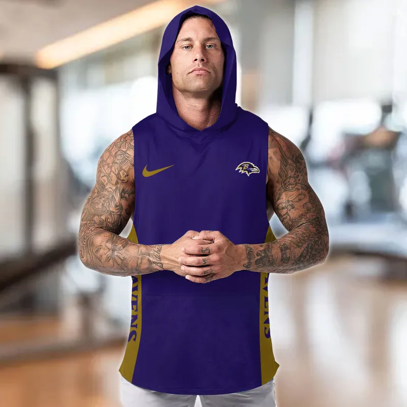 Baltimore Ravens Personalized Men's Workout Hooded Tank Top Front Team Color