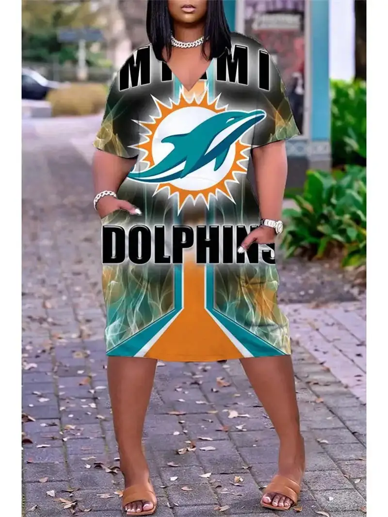 Miami Dolphins V-neck Casual Pocket Dress