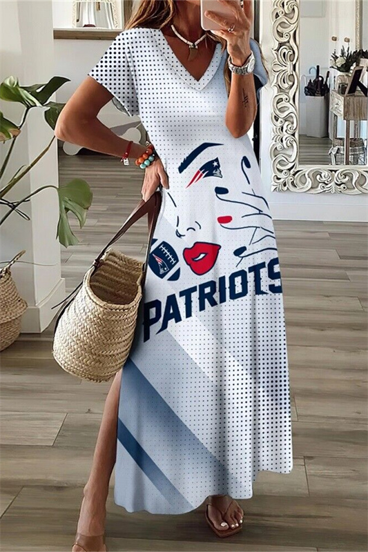 New England Patriots V-Neck Side Slit Long Dress