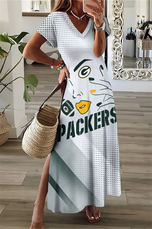 Green Bay Packers V-Neck Side Slit Long Dress