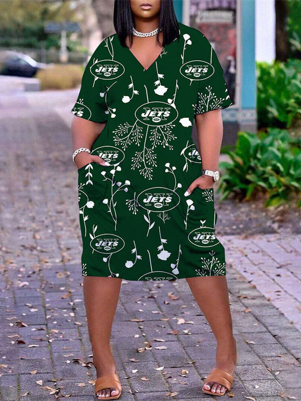 New York Jets V-neck Casual Pocket Dress