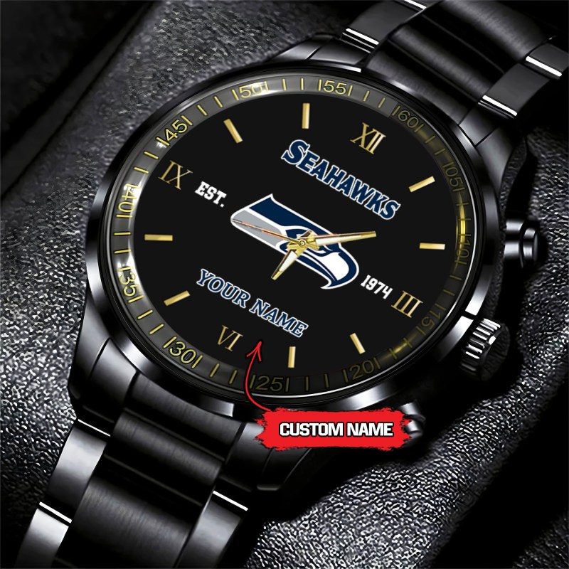 Seattle Seahawks Black Stainless Steel Watch