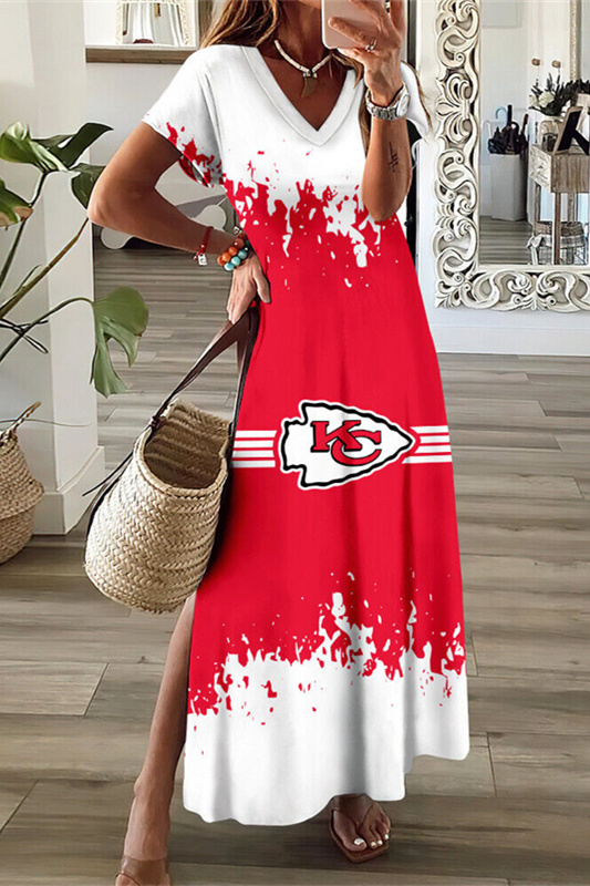 Kansas City Chiefs V-Neck Side Slit Long Dress