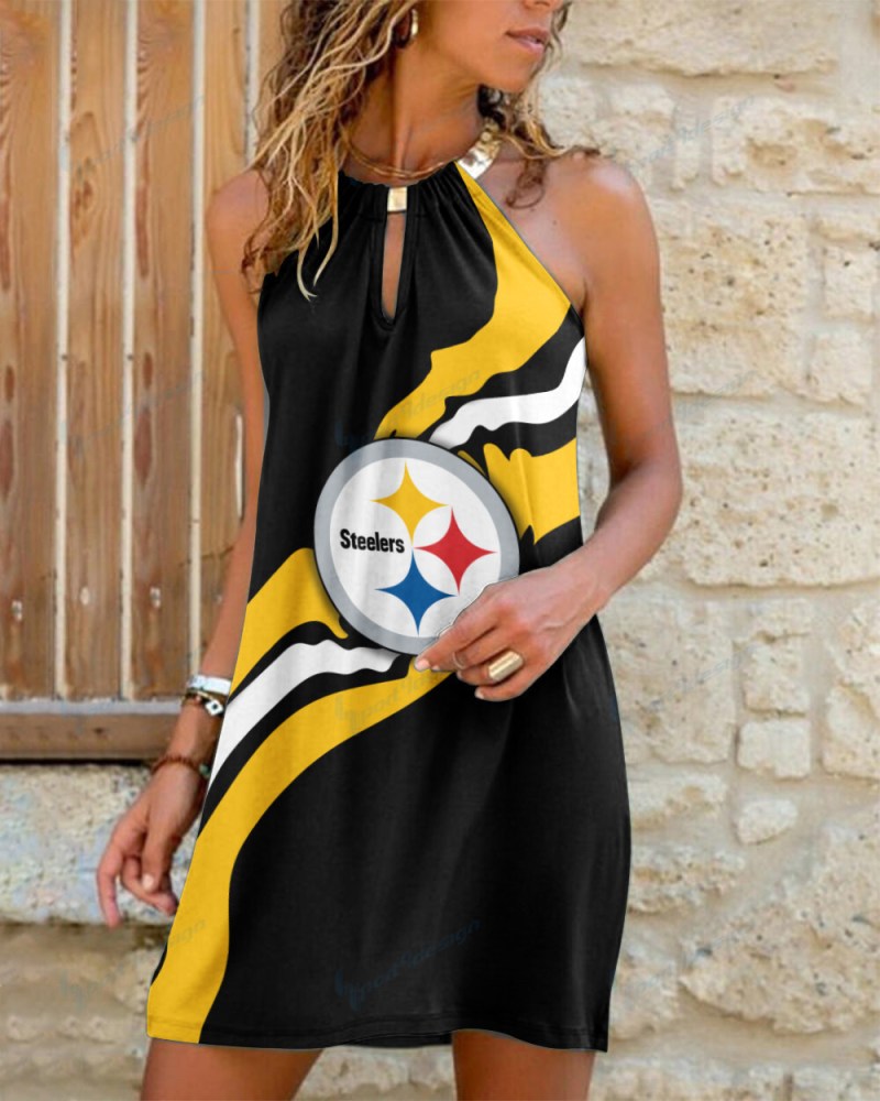 Pittsburgh Steelers Summer Casual Metal Halter Neck Sleeveless Dress