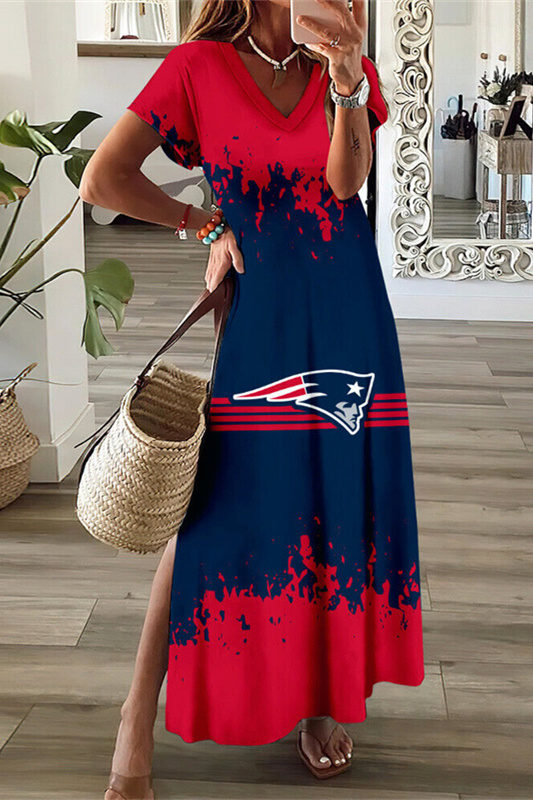 New England Patriots V-Neck Side Slit Long Dress