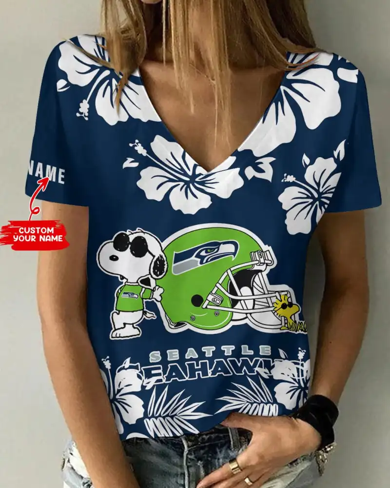 Seattle Seahawks Personalized V-neck Women T-shirt