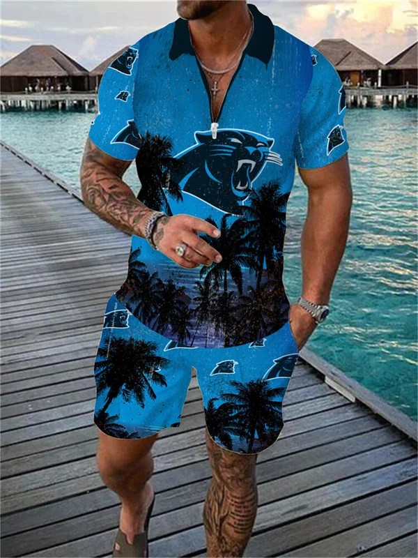 Carolina Panthers Zip Polo Shirt and Shorts Men AZPLZ253