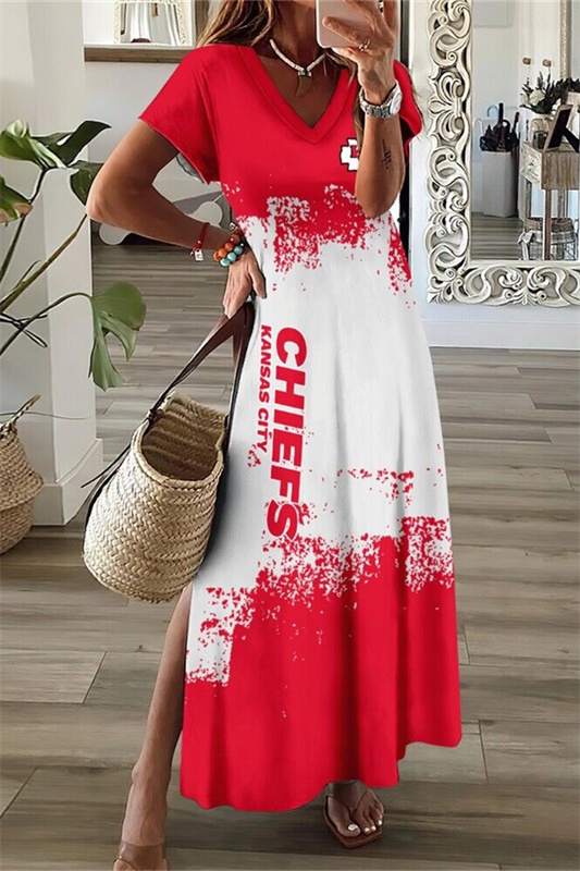 Kansas City Chiefs V-Neck Side Slit Long Dress