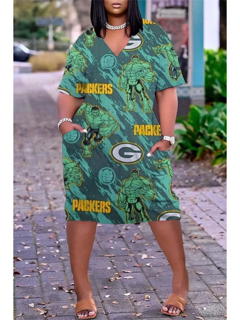 Green Bay Packers V-neck Casual Pocket Dress