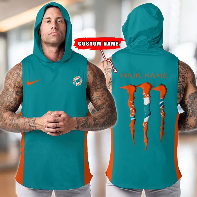 Miami Dolphins Personalized Men's Workout Hooded Tank Top Side View