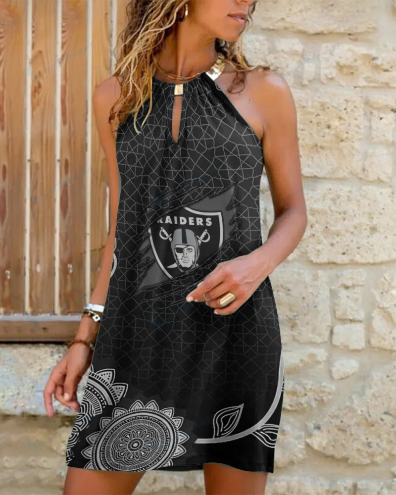 Las Vegas Raiders Summer Casual Metal Halter Neck Sleeveless Dress