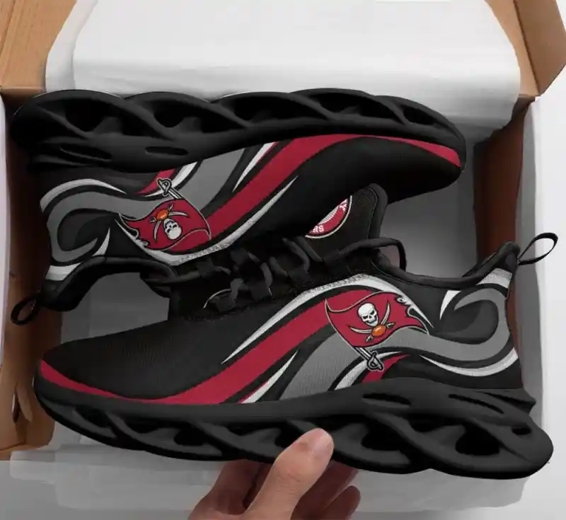 Tampa Bay Buccaneers Yezy Running Sneakers showing the lace-up design