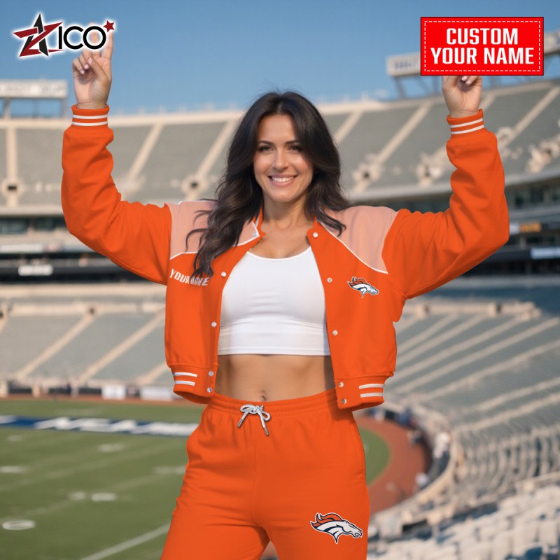 Denver Broncos Combo Crop Varsity Jacket And Sweatpants in Action
