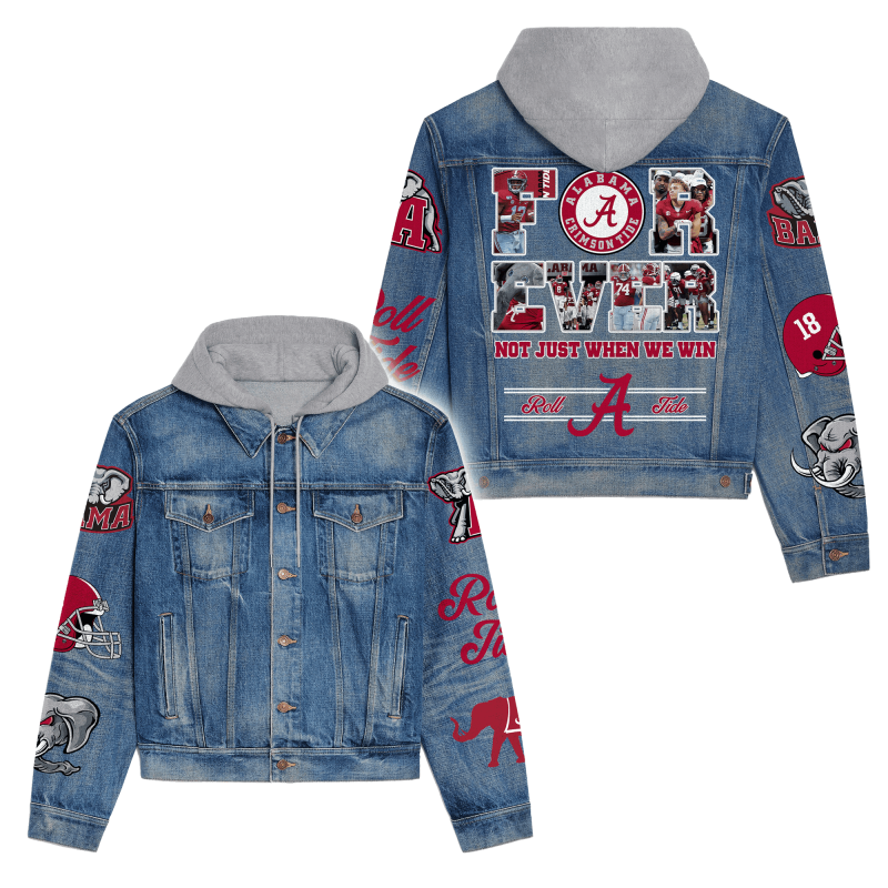 Abama Crimson Tide Premium Hooded Denim Jacket Front View