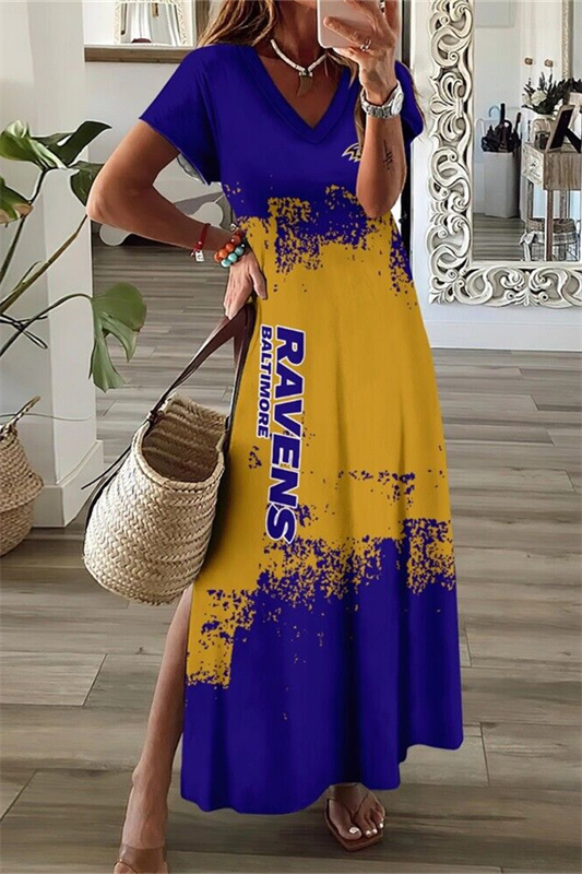 Baltimore Ravens V-Neck Side Slit Long Dress