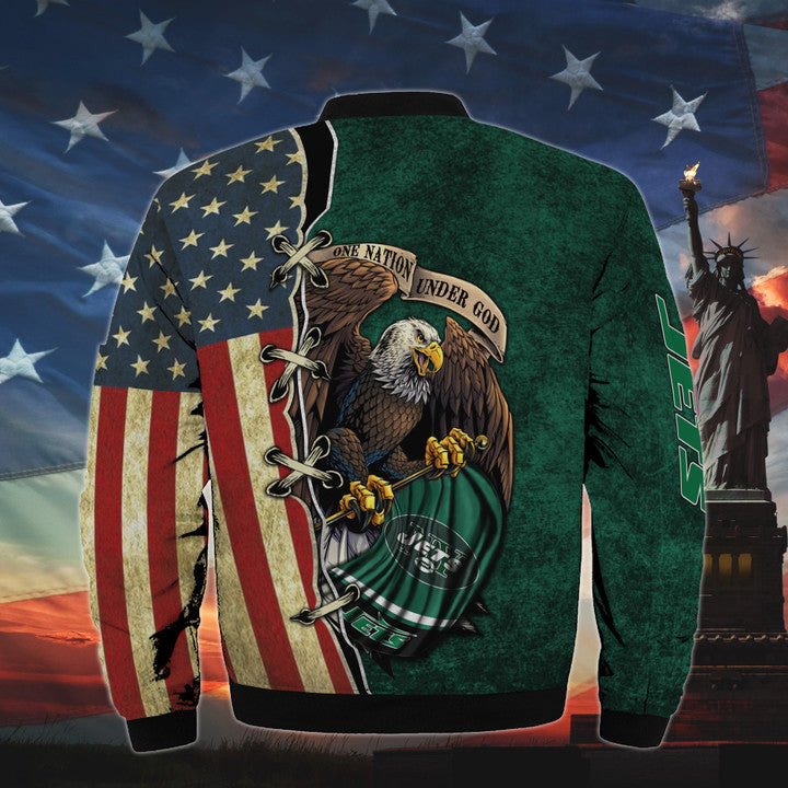 Men's One Nation Under God New York Jets Bomber Jacket - Back View
