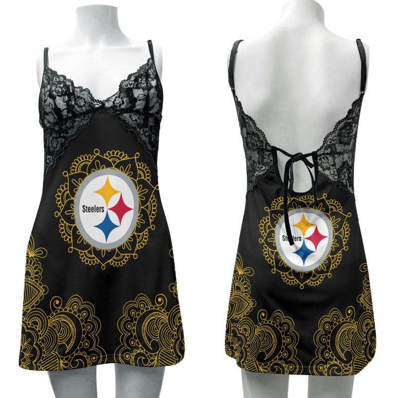 Pittsburgh Steelers Lace Back Strap Slip Dress Front