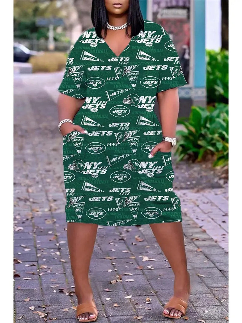 New York Jets V-neck Casual Pocket Dress