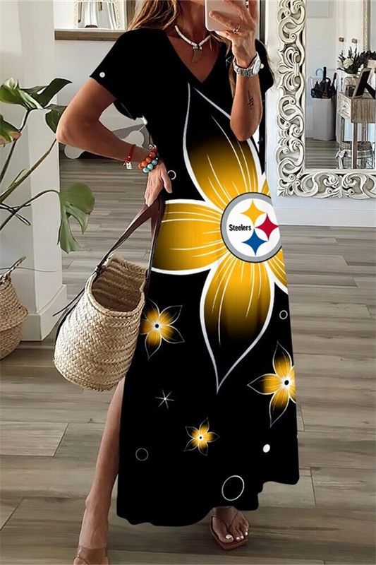 Pittsburgh Steelers V-Neck Side Slit Long Dress