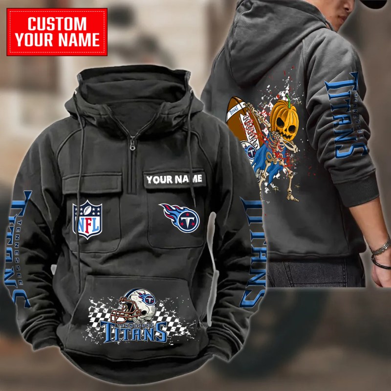 Black Tennessee Titans Multi-Pockets Zip Hoodie