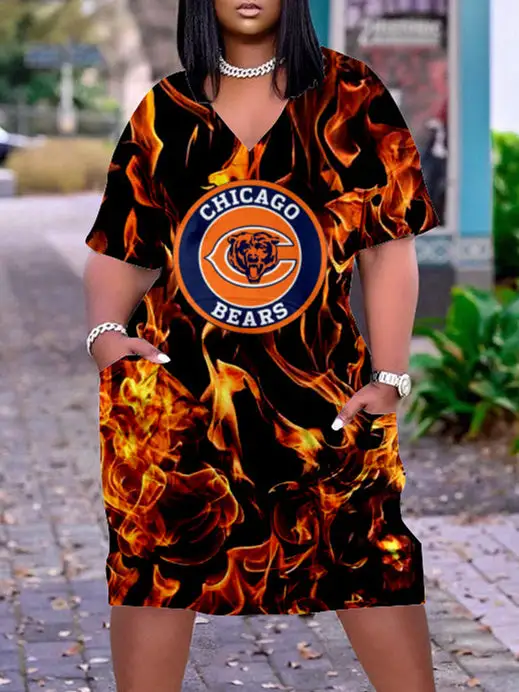 Chicago Bears V-neck Casual Pocket Dress