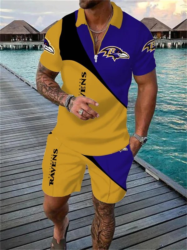 Baltimore Ravens Zip Polo Shirt and Shorts