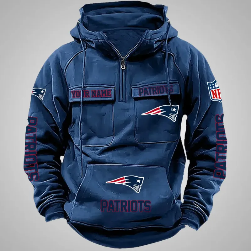 New England Patriots New Personalized Multi-Pockets Zip Hoodie