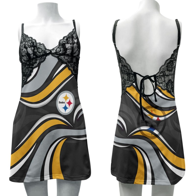 Pittsburgh Steelers Lace Back Strap Slip Dress Front View