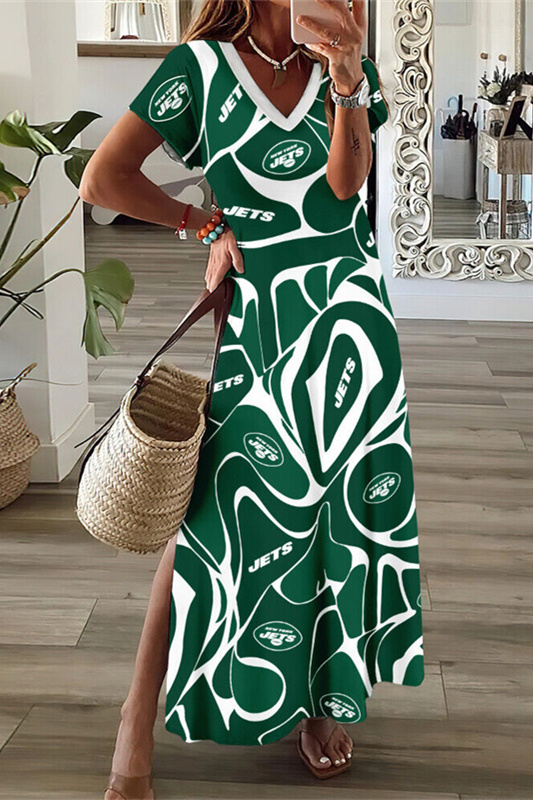 New York Jets V-Neck Side Slit Long Dress