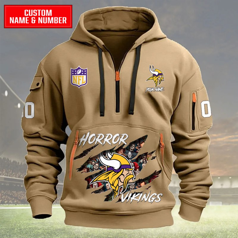 Minnesota Vikings Quarter Zip Hoodie Khaki