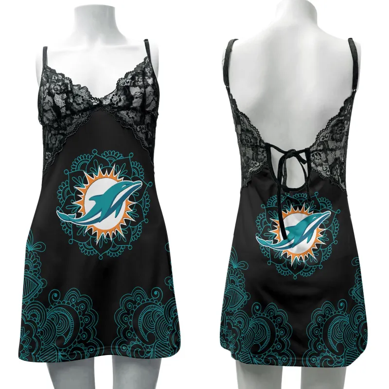 Miami Dolphins Lace Back Strap Slip Dress Front