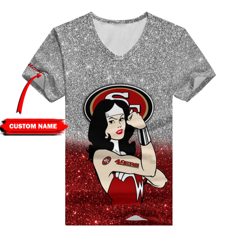 San Francisco 49ers V-neck T-shirt on display