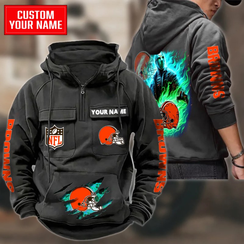 Cleveland Browns Multi-Pockets Zip Hoodie in Black
