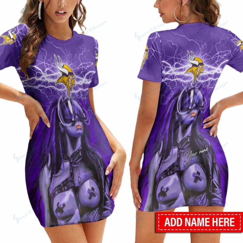 Minnesota Vikings Personalized Short Sleeve Bodycon Mini Dress