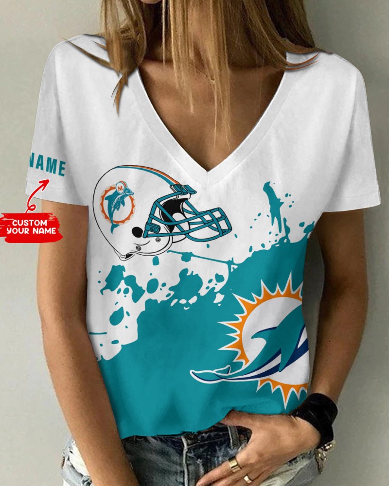 Miami Dolphins Personalized Summer V-neck Women T-shirt Size Chart