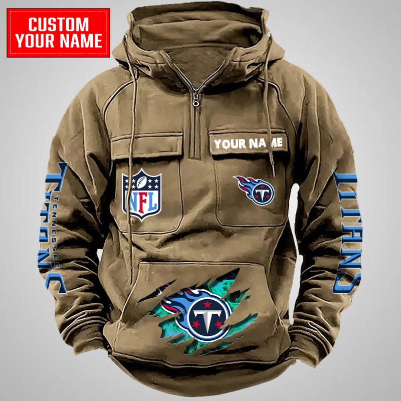 Tennessee Titans Khaki Multi-Pockets Zip Hoodie