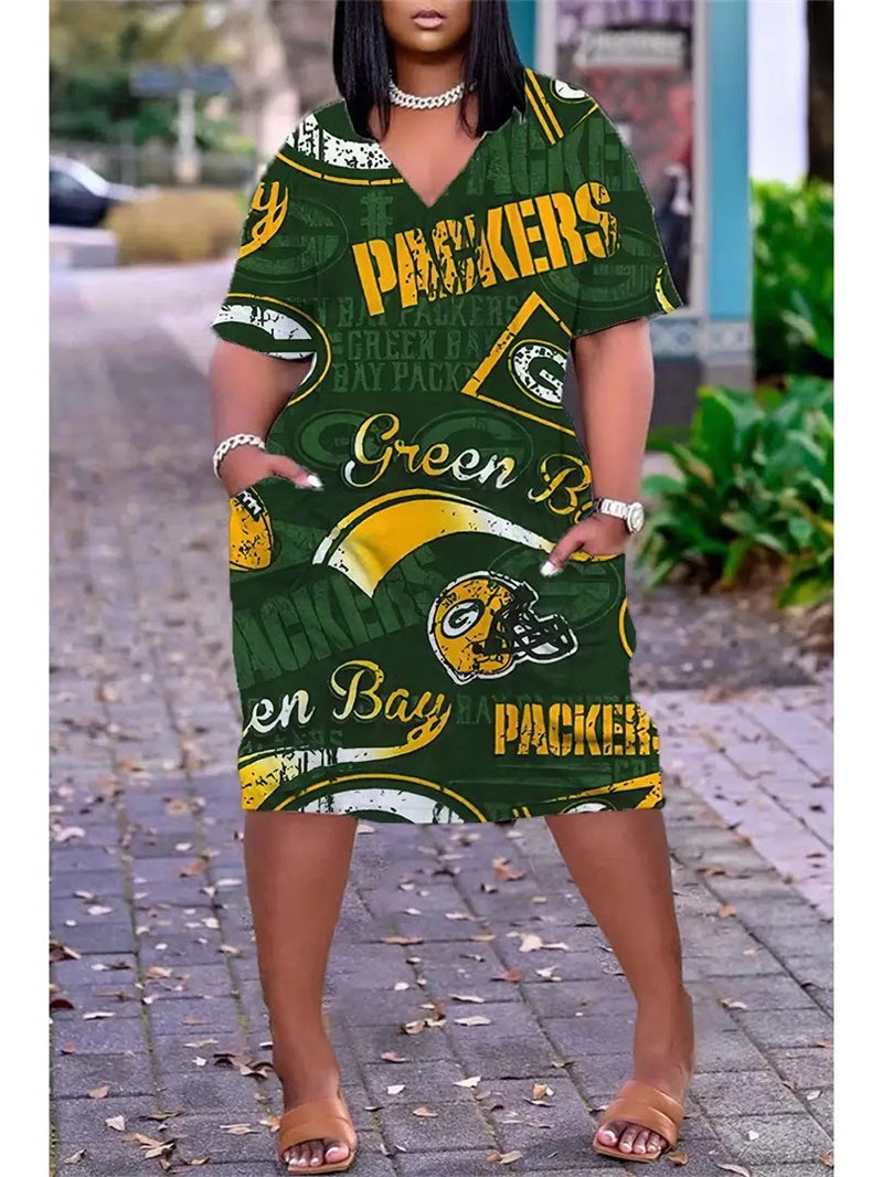 Green Bay Packers V-neck Casual Pocket Dress