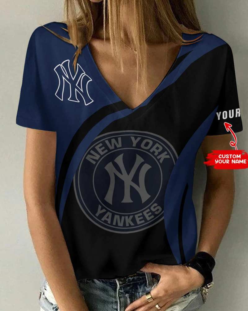 New York Yankees Personalized Summer V-neck Women T-shirt