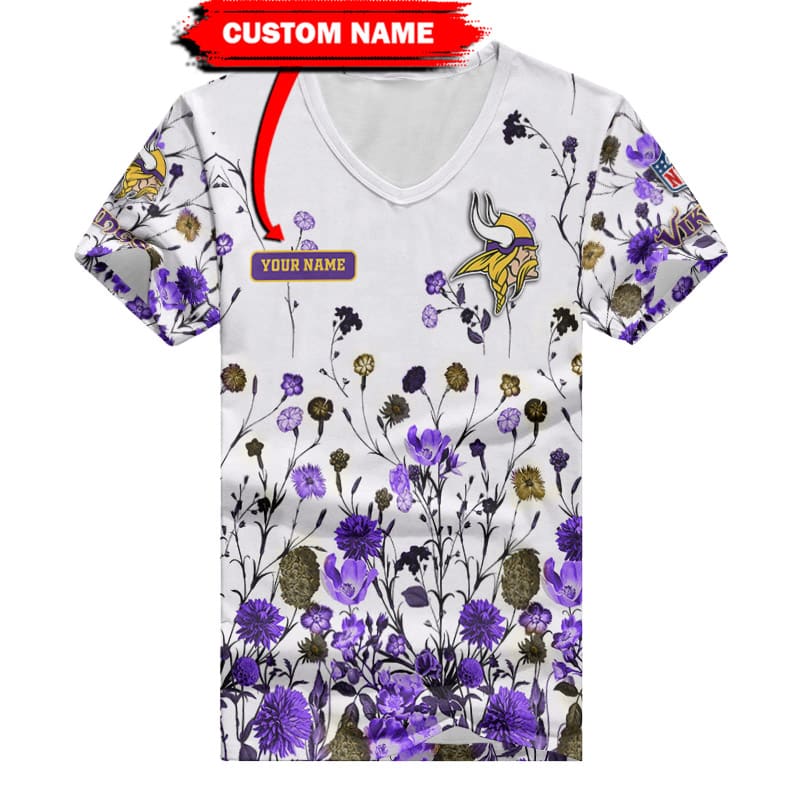 Front view of Minnesota Vikings Personalized V-neck Women T-shirt