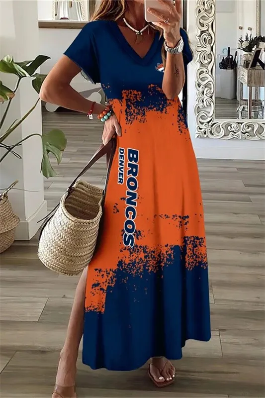 Denver Broncos V-Neck Side Slit Long Dress
