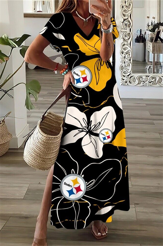 Pittsburgh Steelers V-Neck Side Slit Long Dress
