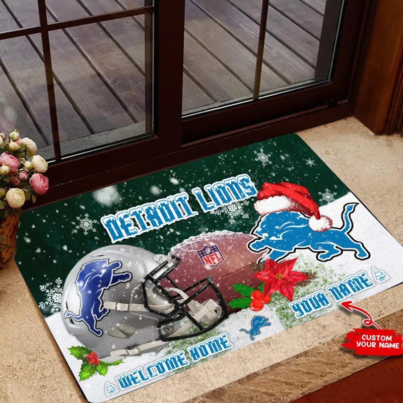 Detroit Lions Christmas Personalized Doormat
