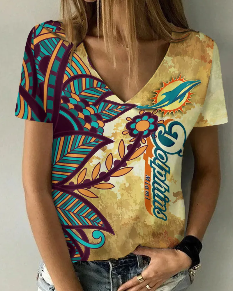 Miami Dolphins Summer V-neck Women T-shirt Front View