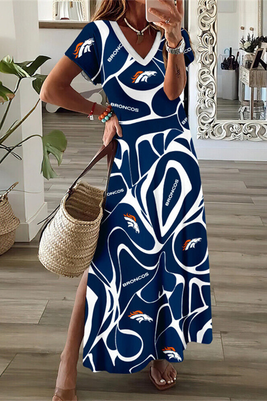 Denver Broncos V-Neck Side Slit Long Dress