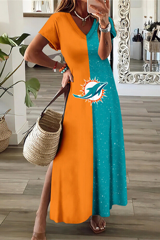 Miami Dolphins V-Neck Side Slit Long Dress
