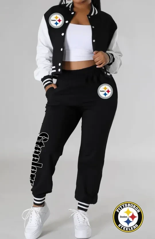 Pittsburgh Steelers Women’s Outfits Varsity Jacket Crop Tops Sweatpants Tracksuit