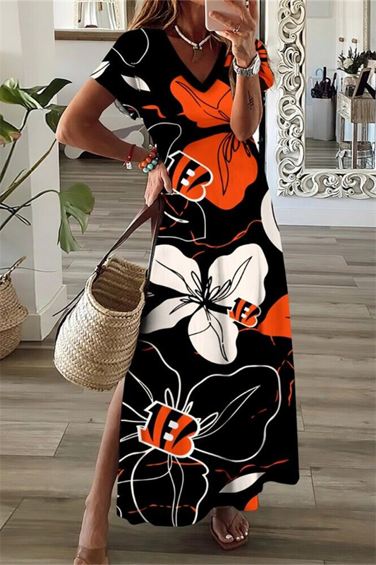 Cincinnati Bengals V-Neck Side Slit Long Dress